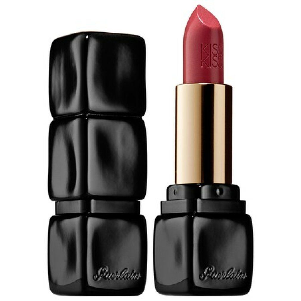 Rossetto con astuccio nero quadrato e tubo dorato. "KISS KISS" sul rossetto. Astuccio aperto.