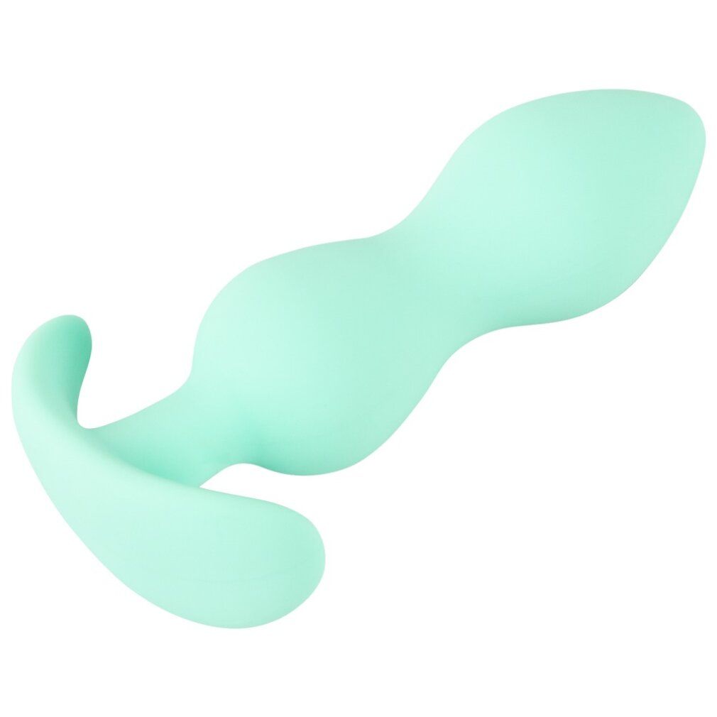 Plug anale verde chiaro con testa a goccia e base curva. Materiale: silicone.