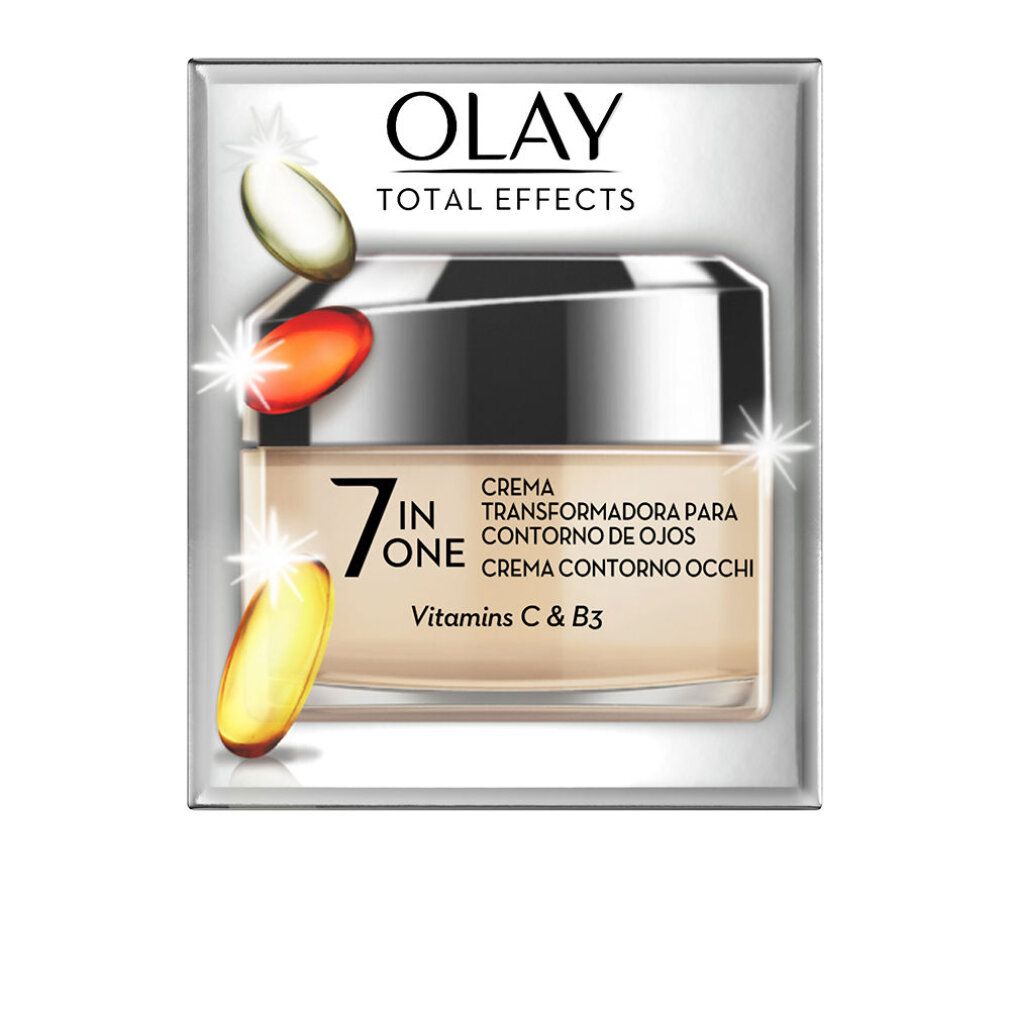 Crema occhi Olay Total Effects. Crema in vasetto di vetro con coperchio nero. Confezione con nome, logo e vitamine C & B3.