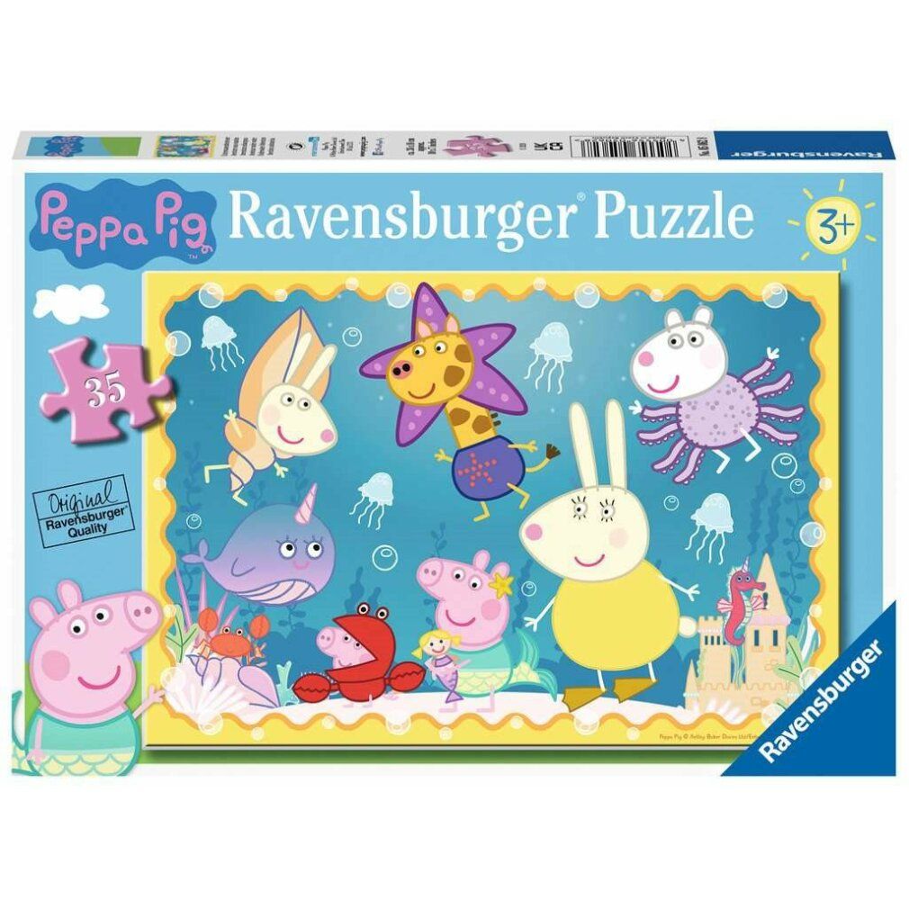 Scatola di cartone con puzzle di Peppa Pig. 35 pezzi. Puzzle Ravensburger. Raffigurati Peppa Pig e personaggi marini. Qualità originale Ravensburger.