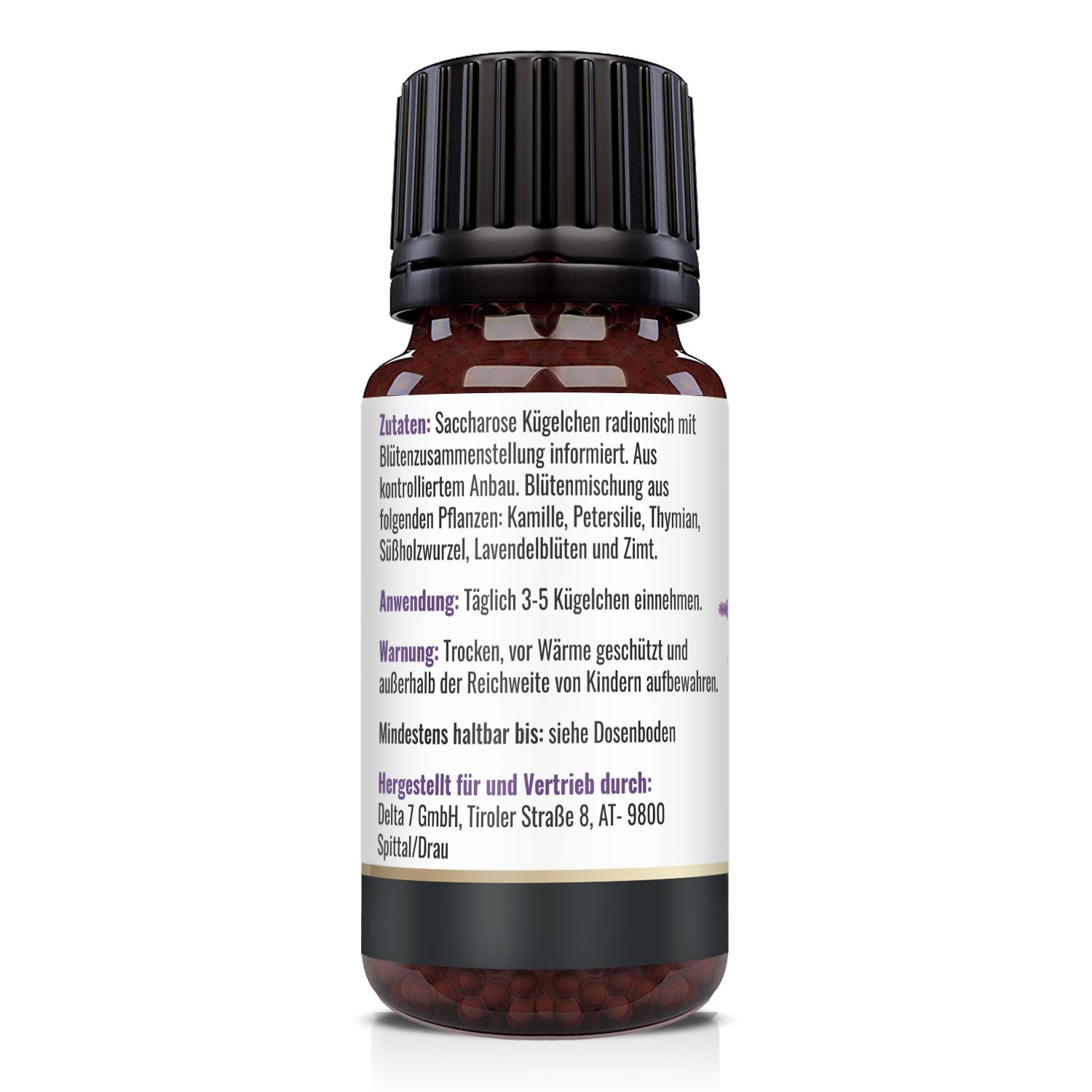 Flacone di vetro marrone con tappo nero. Retro con testo su ingredienti, uso e avvertenze.