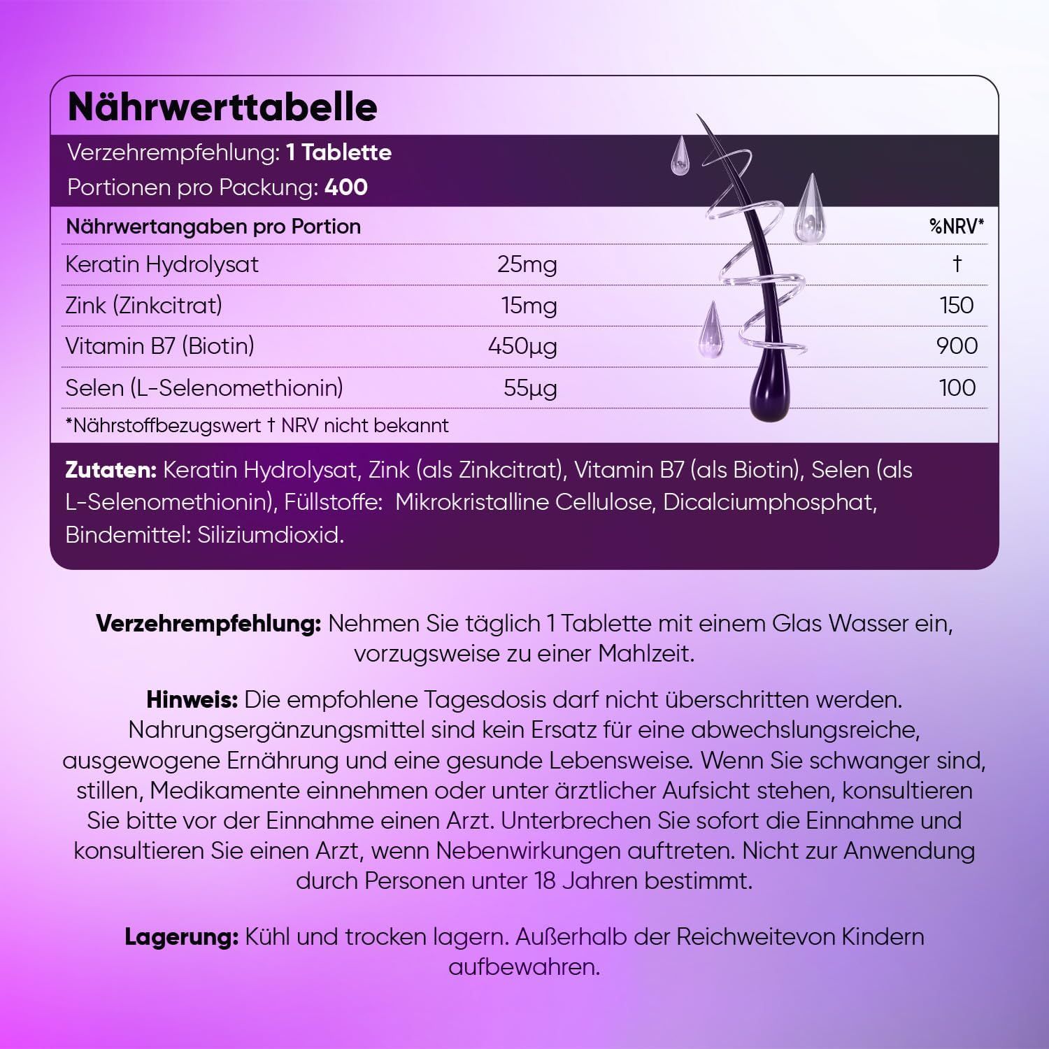 Tabella nutrizionale con ingredienti e raccomandazioni per l'uso. Contiene cheratina, zinco, vitamina B7 e selenio. Testo in tedesco.