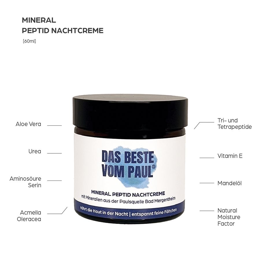 Un vasetto di vetro marrone con coperchio nero. L'etichetta riporta "Das Beste Vom Paul". Gli ingredienti sono elencati accanto.