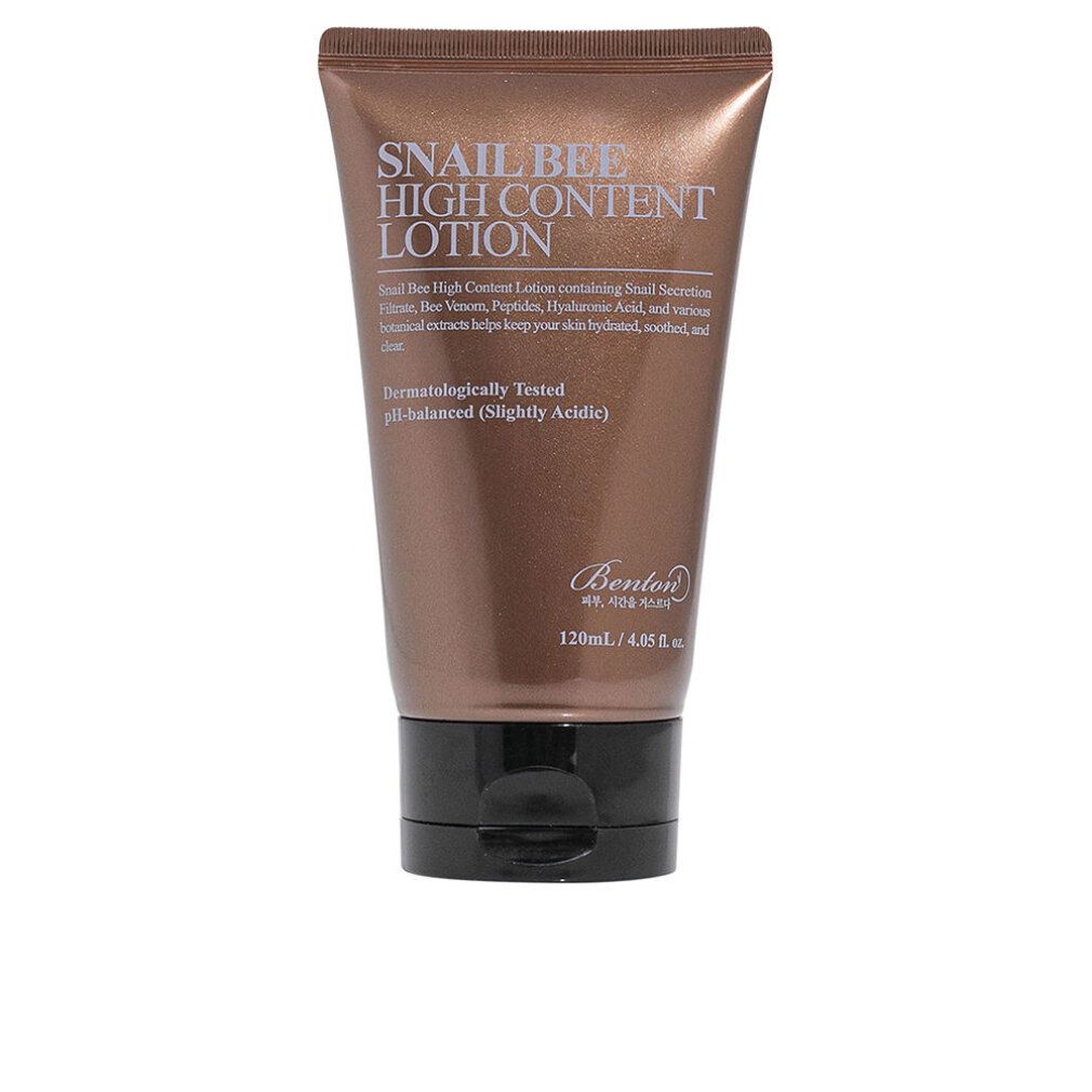 Tubo marrone con tappo nero. Scritta: Snail Bee High Content Lotion. Marchio Benton. Testo: Dermatologicamente testato, pH bilanciato.