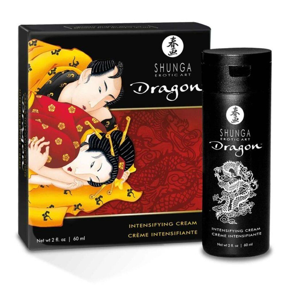 Flacone e scatola neri. Sul flacone: drago bianco, scritta Dragon, Crème Intensifiante. Sulla scatola: illustrazione, scritta Dragon.
