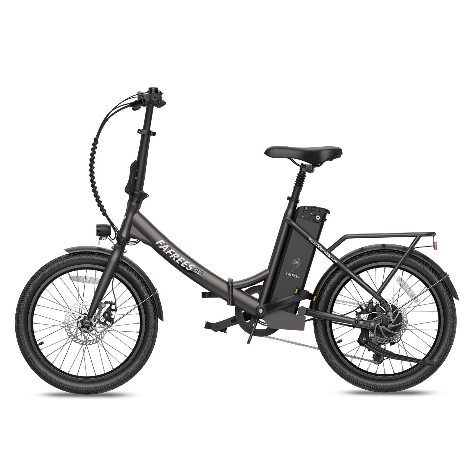 E-bike Fafrees F20, antracite. Con portapacchi, parafanghi e batteria. Visibile: marchio, nome del modello.
