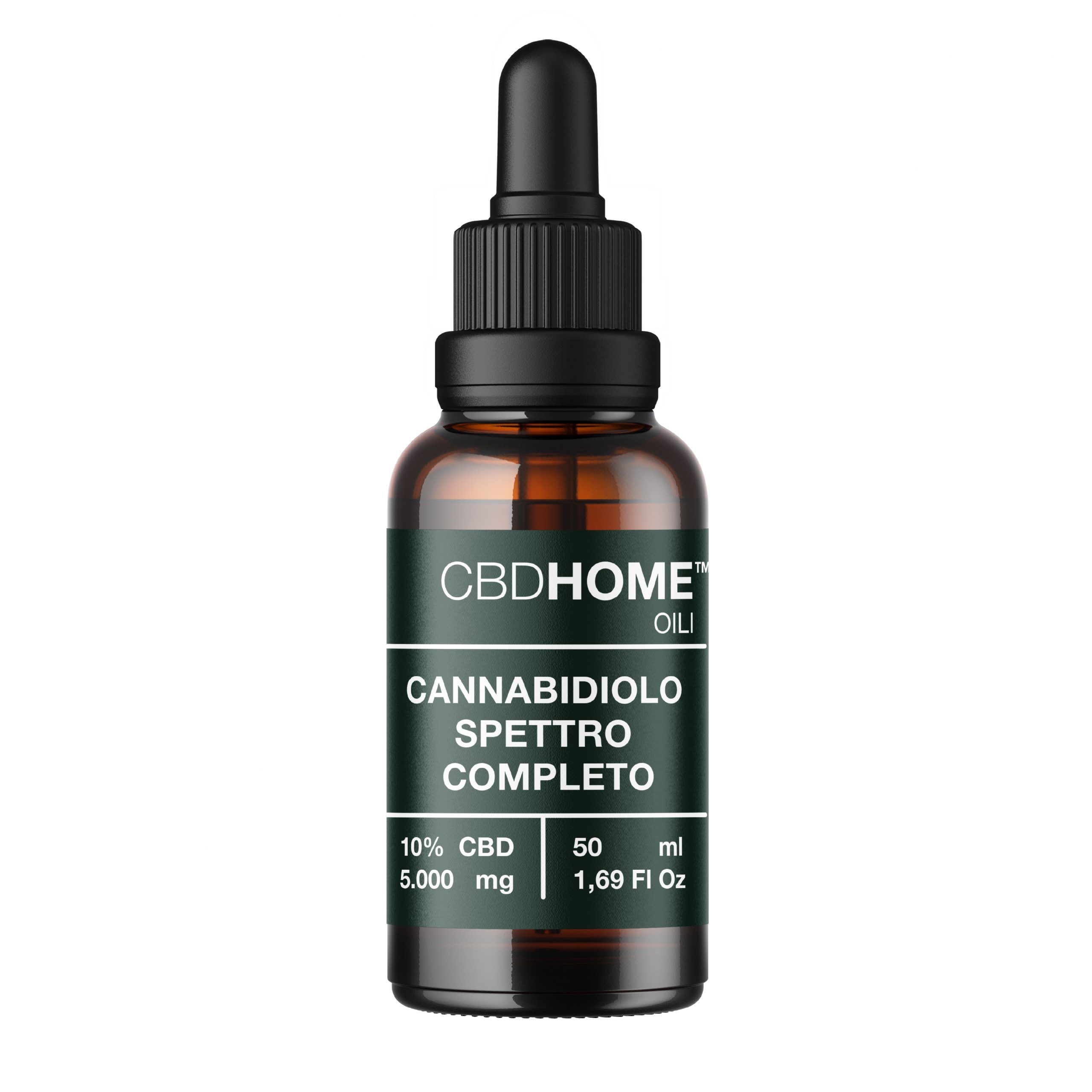 Olio CBD a spettro completo CBDHOME 10% in una bottiglia di vetro marrone con contagocce.