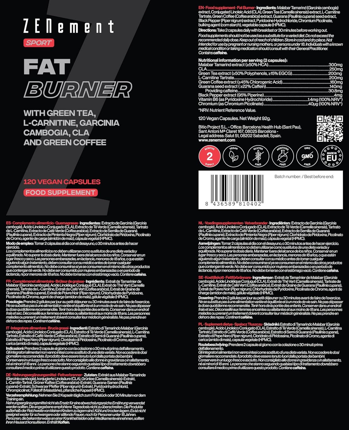 Etichetta del prodotto Zenement Sport Fat Burner. Contiene tè verde, L-carnitina, Garcinia Cambogia, CLA e caffè verde.