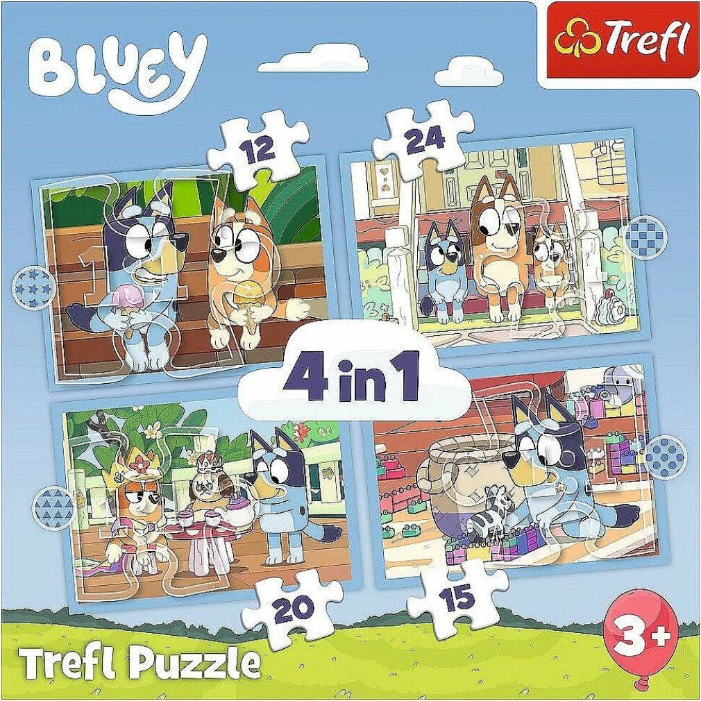 Scatola puzzle 4 in 1 con 12, 15, 20 e 24 pezzi. Illustrazioni dei personaggi di Bluey. Marchio Trefl. Età consigliata: 3+.