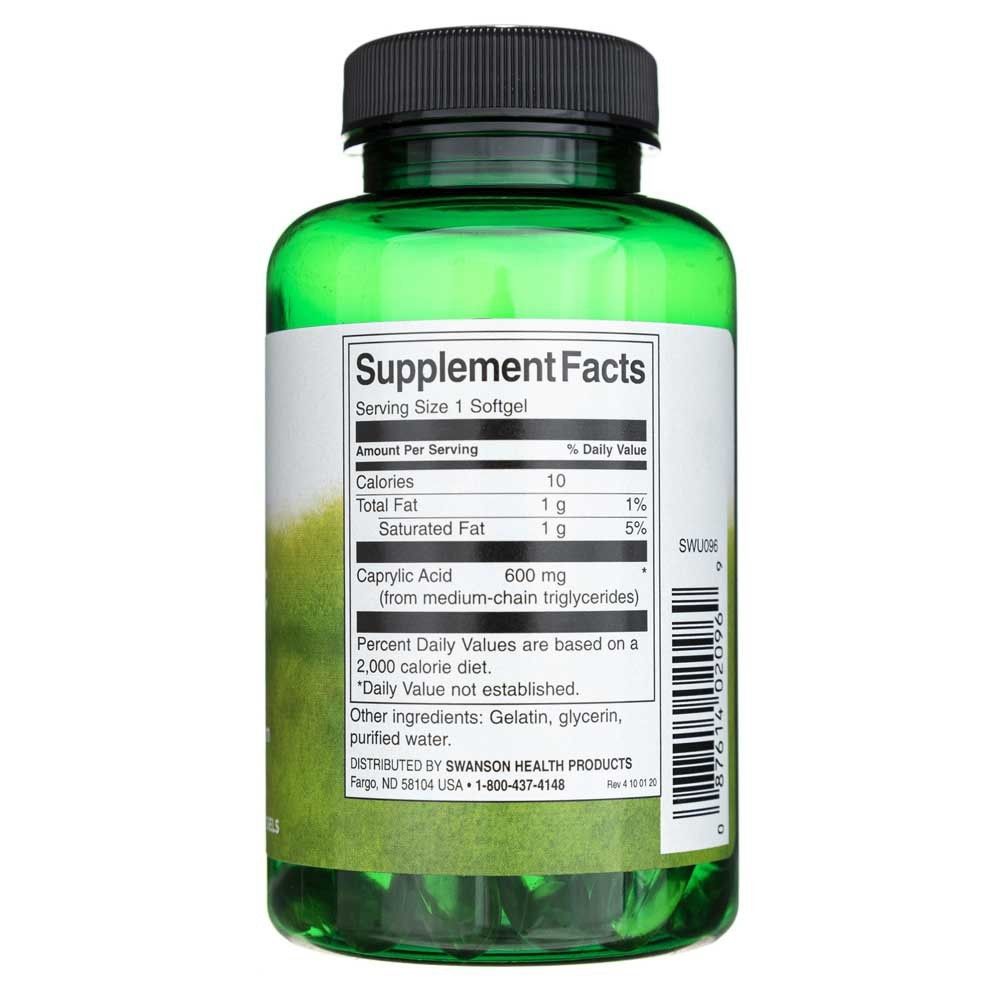 Retro di un flacone verde di softgel di acido caprilico, Supplement Facts.