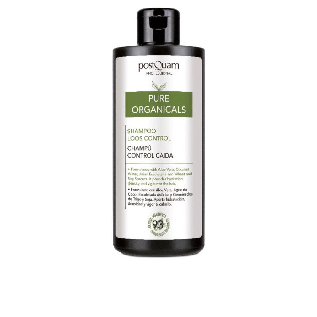Flacone nero di shampoo con etichetta bianca. Scritto: Postquam, Pure Organicals, Shampoo Loos Control, Champú Control Caida. 93% ingredienti.