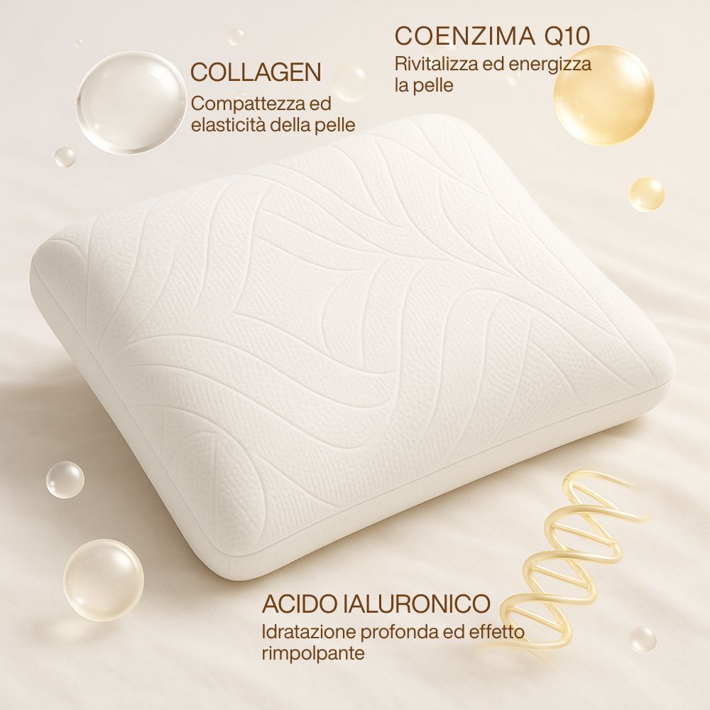 Cuscino beige con motivo a onde. Testo: Collagene, Q10, Acido Ialuronico.