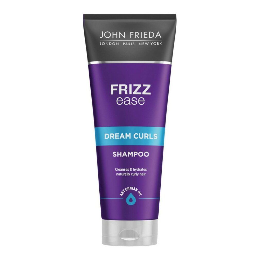 Tubo viola John Frieda Frizz Ease Dream Curls Shampoo. Tappo nero, fascia argentata, chiusura bianca.