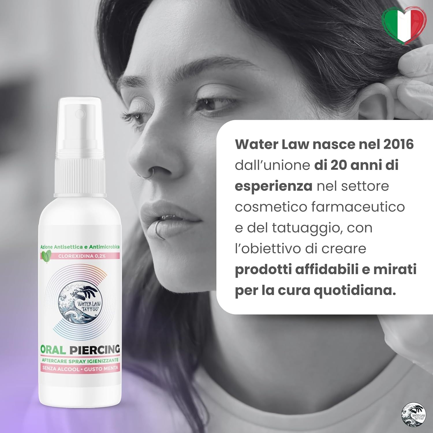 Flacone spray bianco "Oral Piercing" accanto a un viso con piercing. Testo sul marchio Water Law.