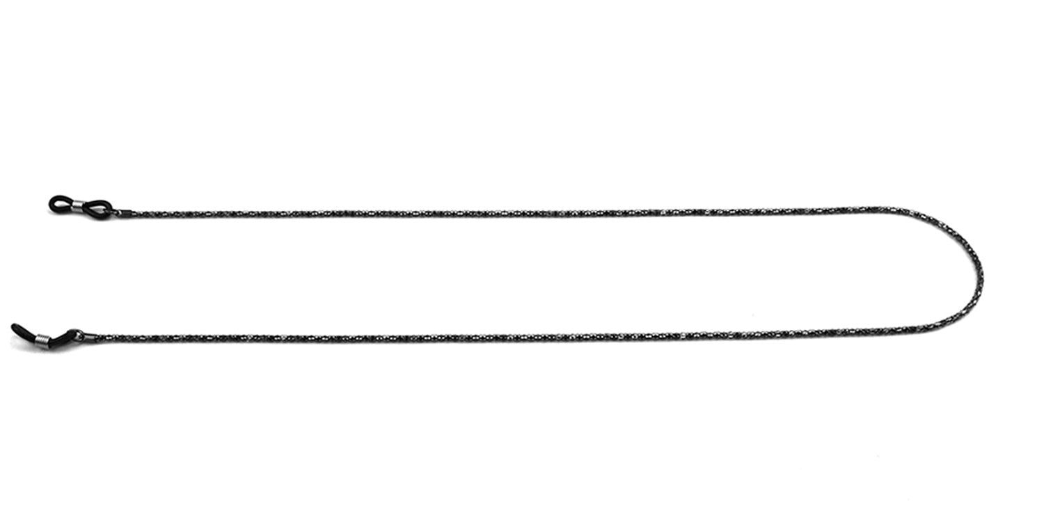 Catenina per occhiali intrecciata nera e grigia, con anelli in silicone. Per occhiali. Su sfondo bianco.