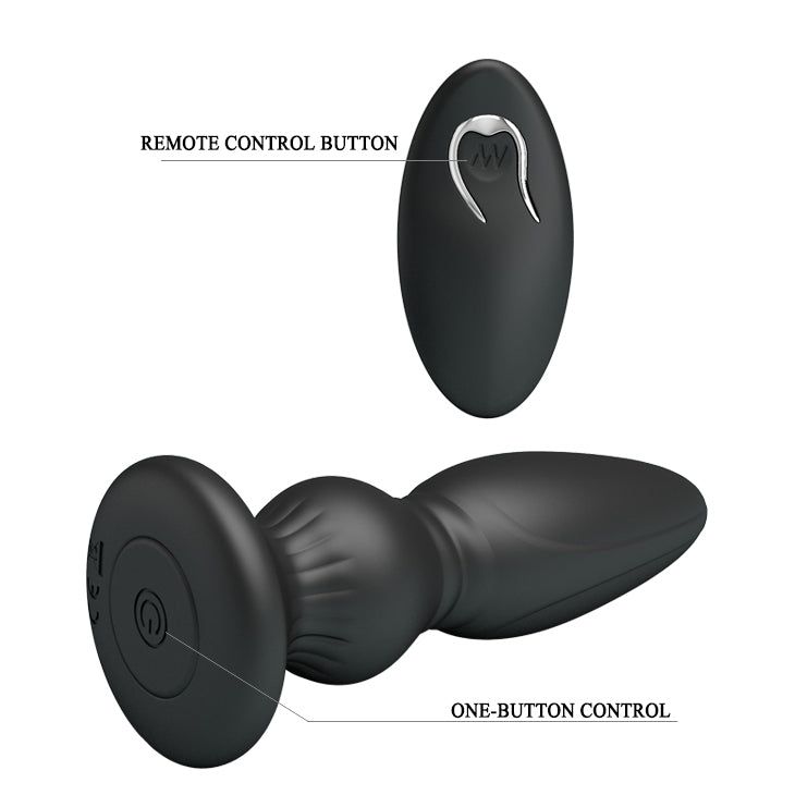 Prodotto nero allungato con base arrotondata e telecomando. Etichette: 'REMOTE CONTROL BUTTON' e 'ONE-BUTTON CONTROL'.
