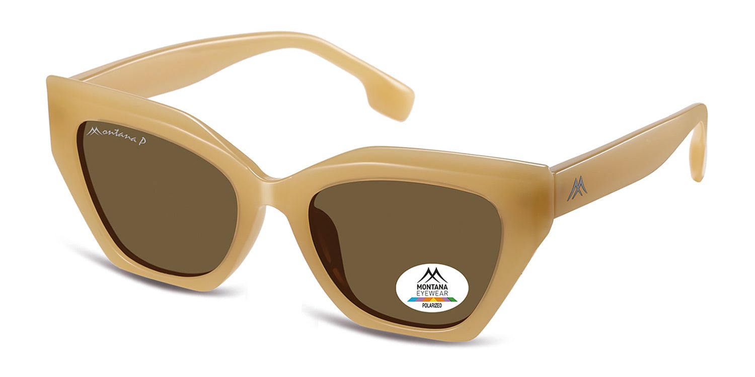 Occhiali da sole beige con lenti marroni. Logo Montana Eyewear sulla lente. Polarizzati.