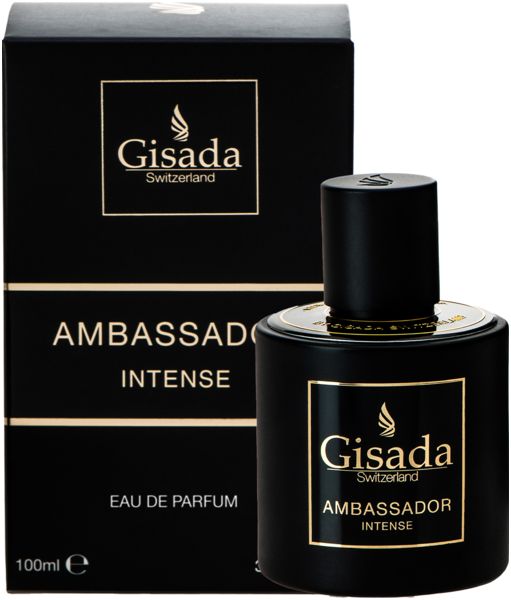 Scatola e flacone neri. Scritta: Gisada, Ambassador Intense. Flacone accanto. 100ml.