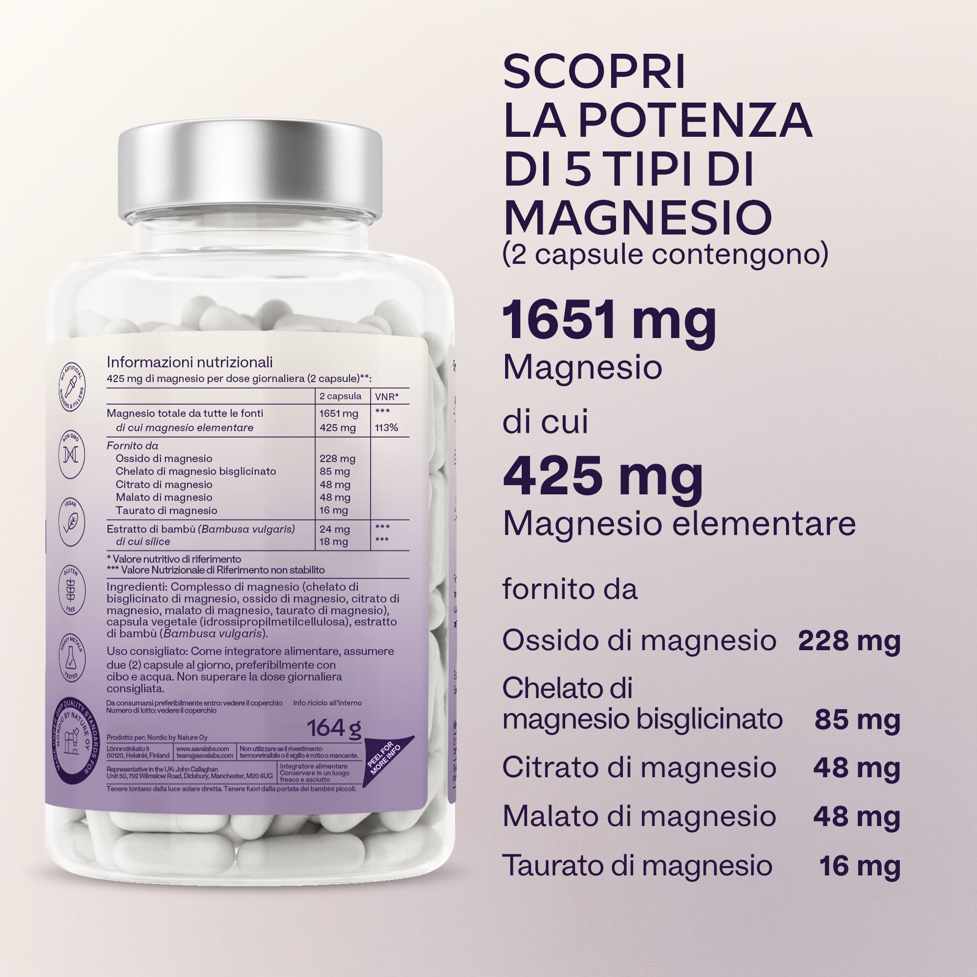 Retro del flacone con informazioni nutrizionali. Contiene informazioni sugli ingredienti e sui valori nutrizionali.