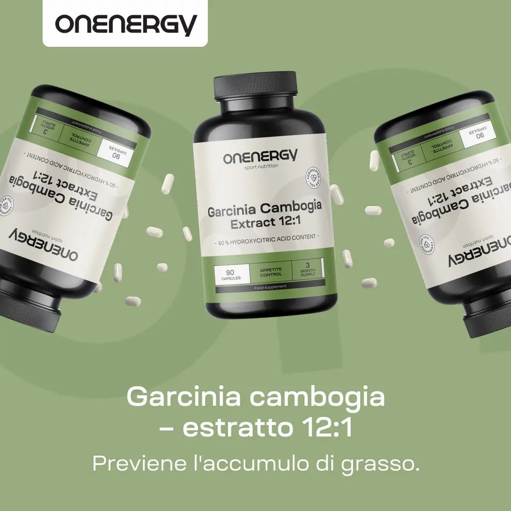 Flacone di estratto di Garcinia Cambogia OnEnergy 12:1, 90 capsule, previene l'accumulo di grasso.