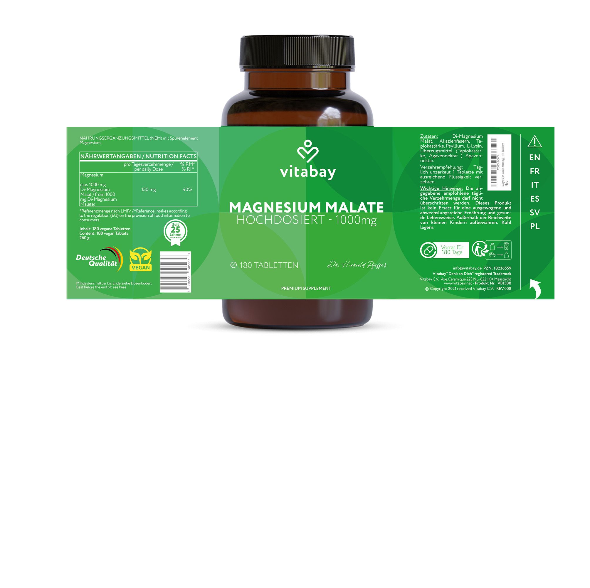 Bottiglia di Vitabay Magnesium Malate con etichetta. Etichetta con testo e informazioni. Informazioni multilingue.