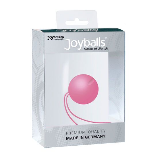 Sfera rosa con anello in confezione trasparente. Scritta "Joyballs" e "Premium Quality Made in Germany".