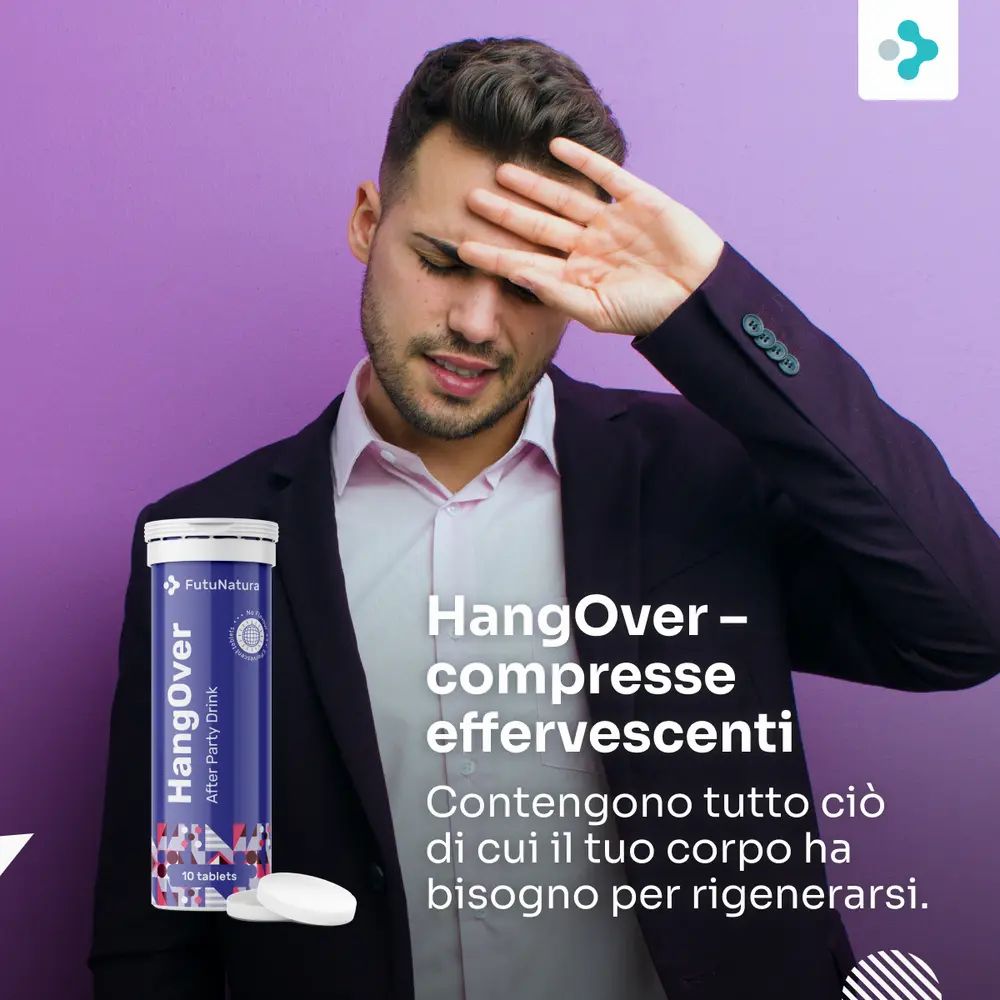 FutuNatura HangOver - 10 compresse effervescenti. Uomo con mano sulla fronte, contiene tutto per il recupero.