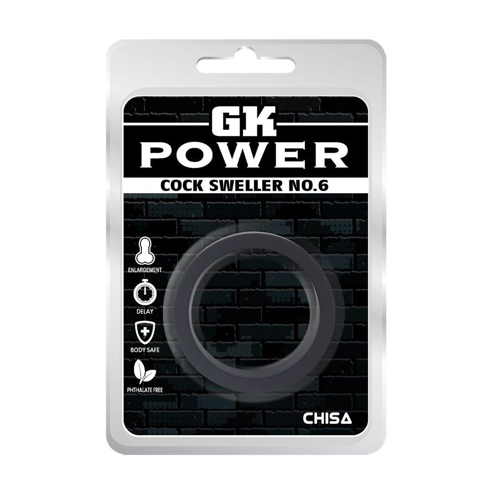 Confezione con anello nero. Scritta 'GK POWER COCK SWELLER NO.6'. Simboli di ingrandimento, ritardo, sicurezza corporea.