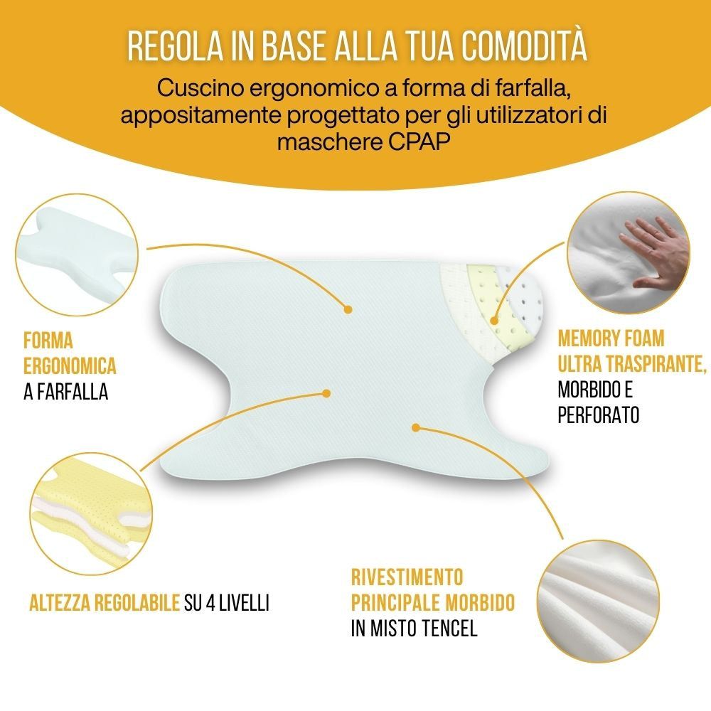 Cuscino ergonomico a farfalla. Blu chiaro, con superficie perforata.