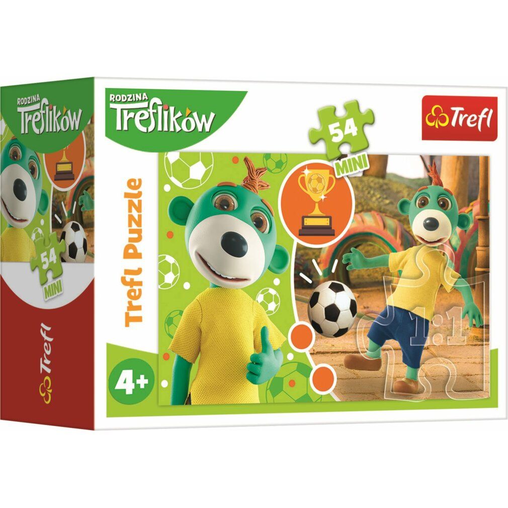 Scatola puzzle con personaggio dei cartoni animati, pallone e trofeo. Contiene 54 pezzi. Marca Trefl. 4+.