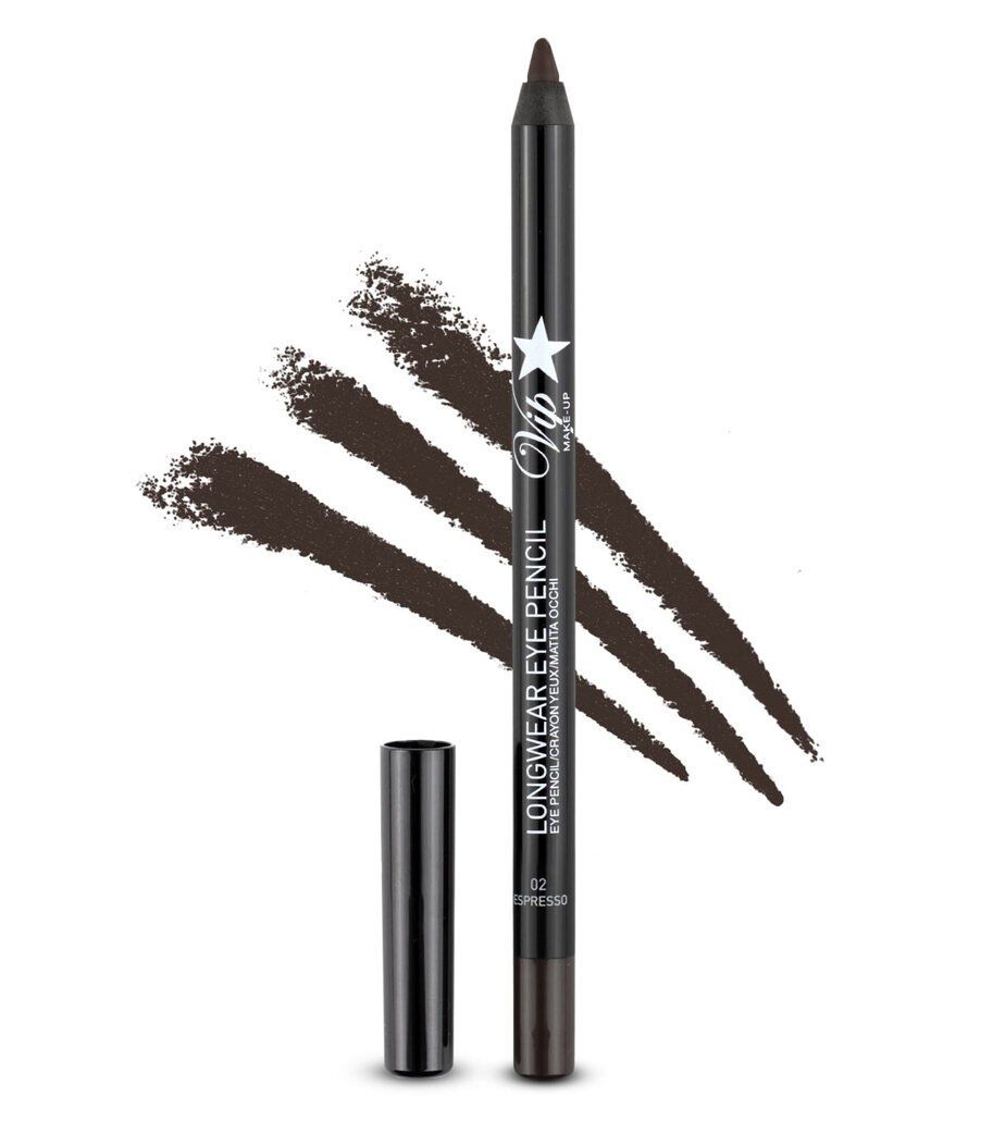 Matita occhi marrone scuro con stella argentata e logo "VIP Make Up". Accanto il tappo e tracce di trucco marrone.