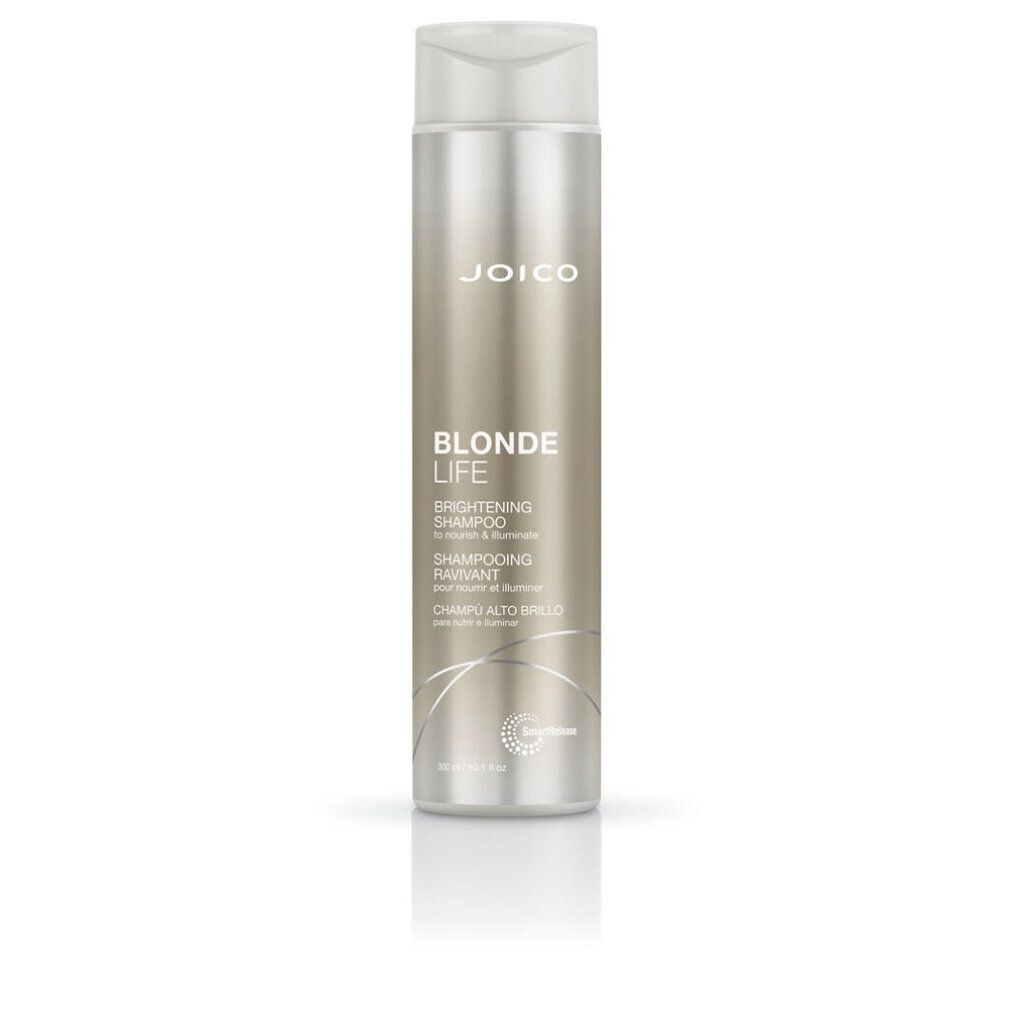 Shampoo JOICO Blonde Life. Bottiglia con tappo bianco ed etichetta argentata. Testo: Blonde Life, Brightening Shampoo.