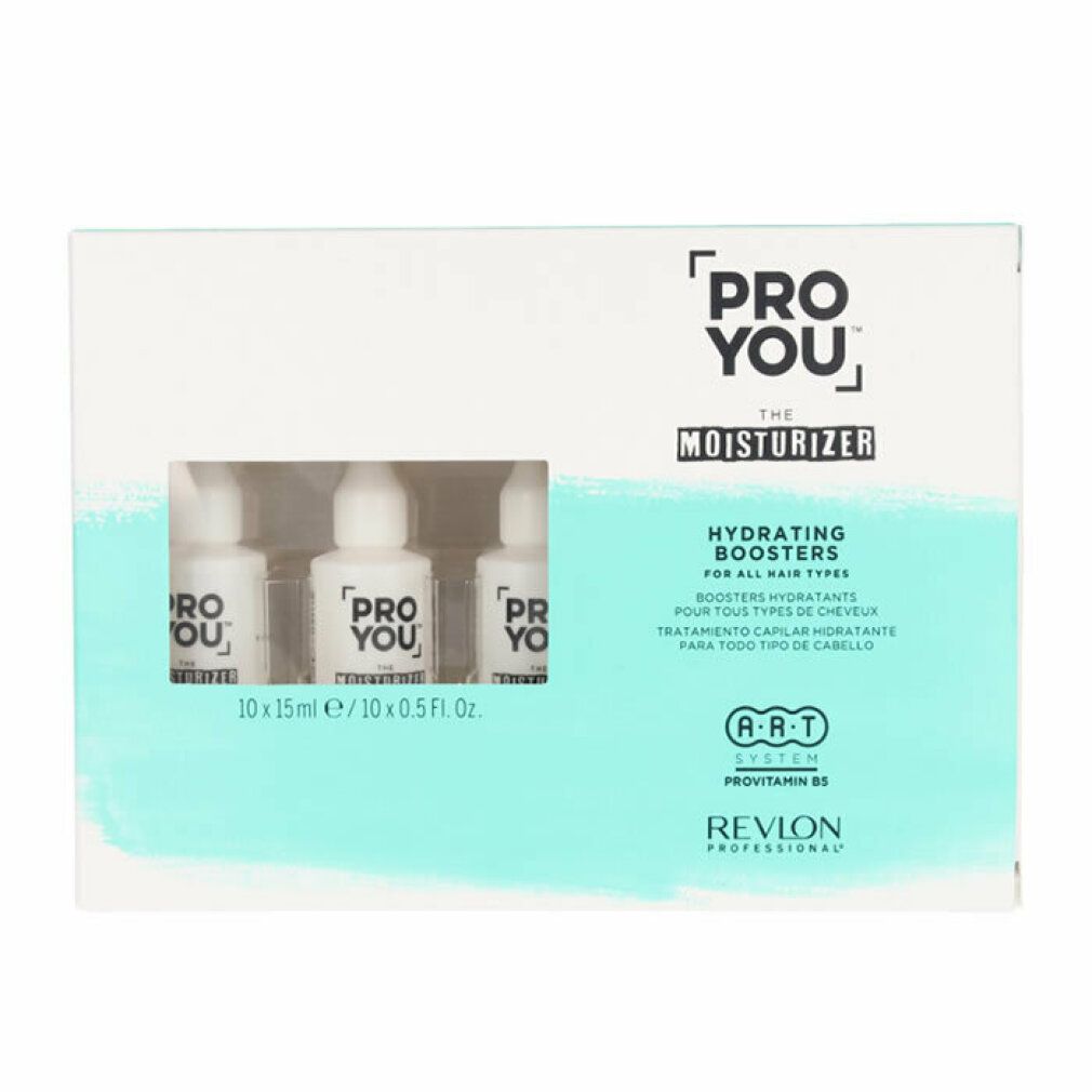 Confezione con tre flaconi. Scritta: PRO YOU, THE MOISTURIZER, HYDRATING BOOSTERS. Marchio: Revlon.