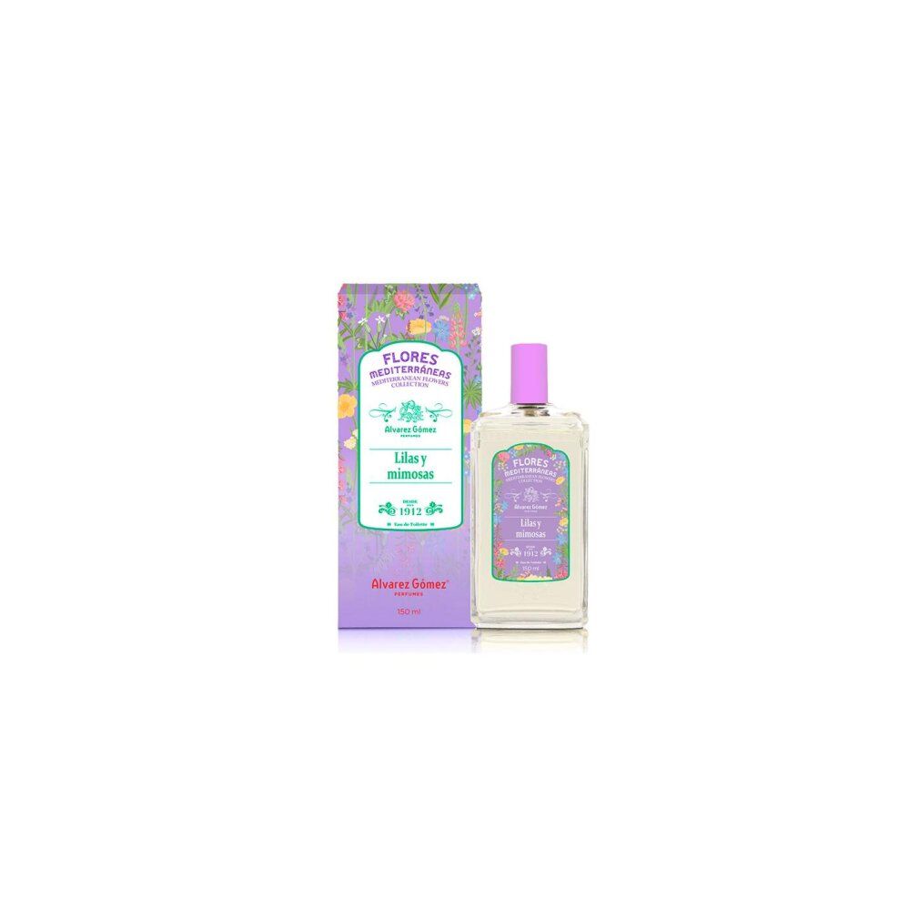 Flacone e scatola di profumo Alvarez Gómez. Scritta: Flores Mediterraneas Lilas y Mimosas. Scatola viola.