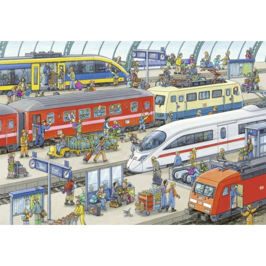 Puzzle con scena della stazione. Treni, persone e banchina. Vari treni e persone in una stazione affollata.