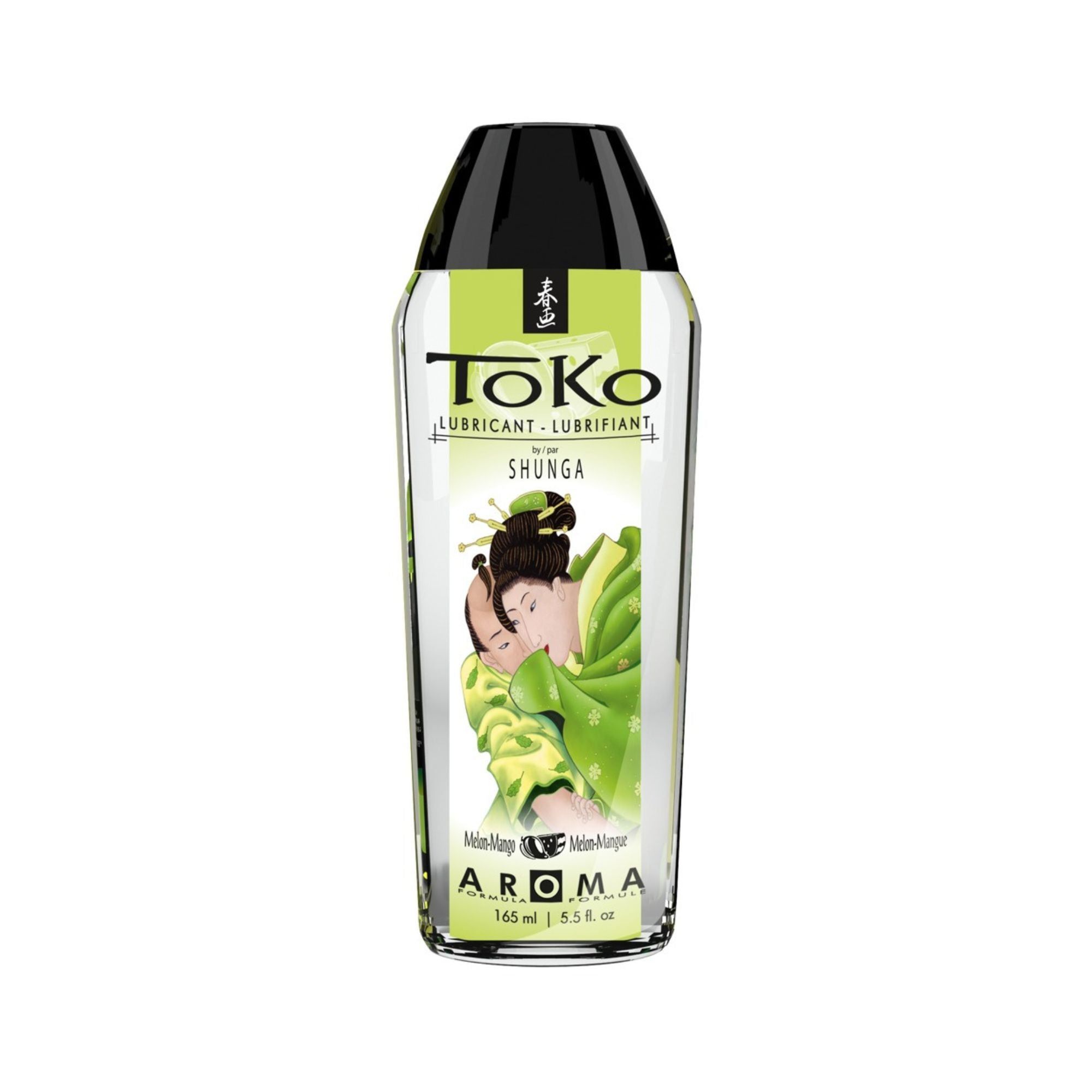 Flacone di lubrificante con tappo nero. Design verde e bianco. Testo: ToKo, Shunga.