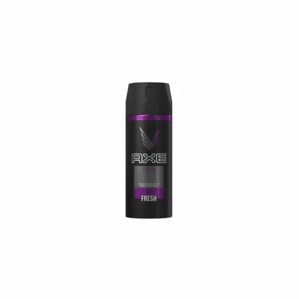 Axe Excite Deodorante Spray. Flacone nero con fascia viola. Logo e scritta "EXCITE" e "FRESH".