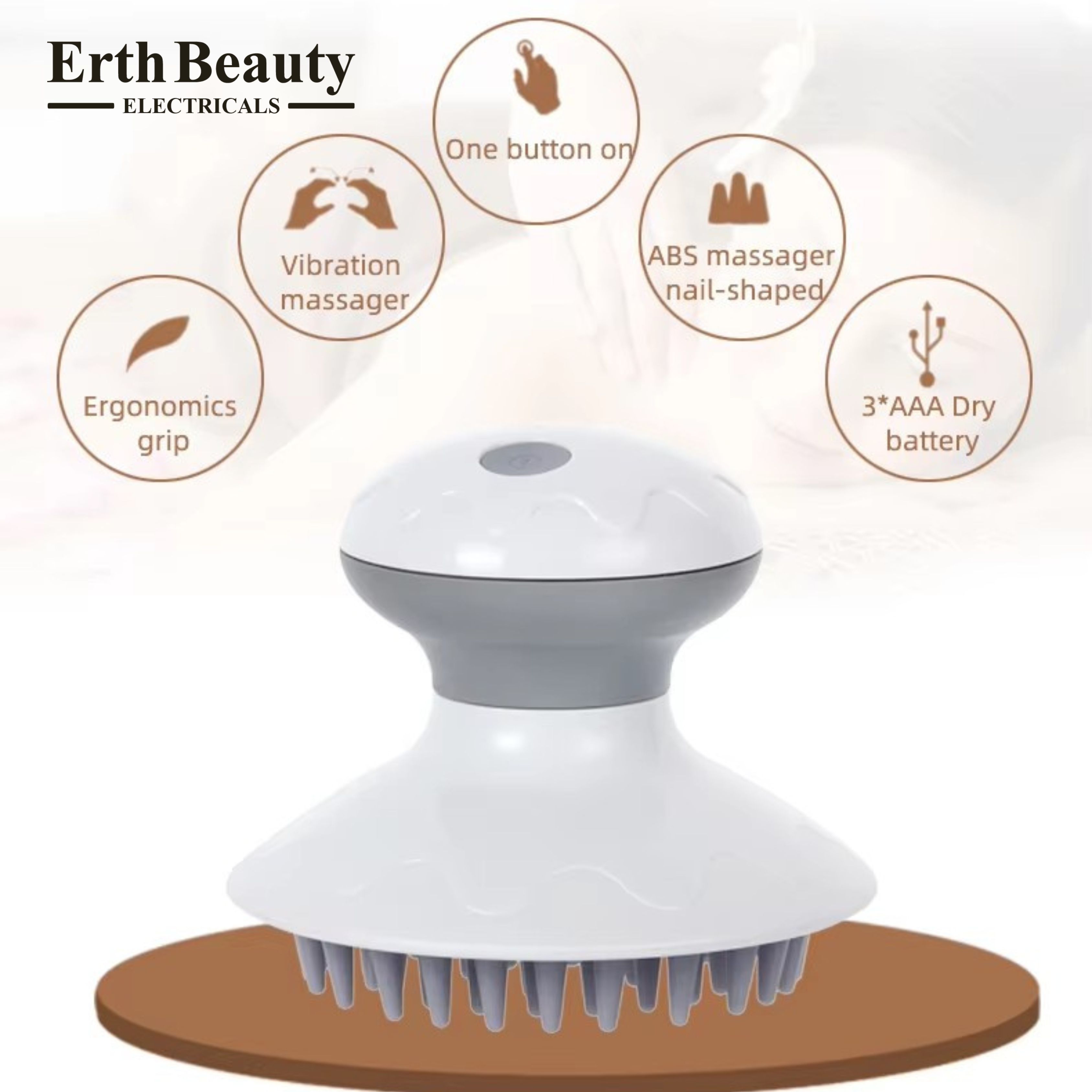 Massaggiatore elettronico per cuoio capelluto con logo Erth Beauty Electricals e icone funzionali.