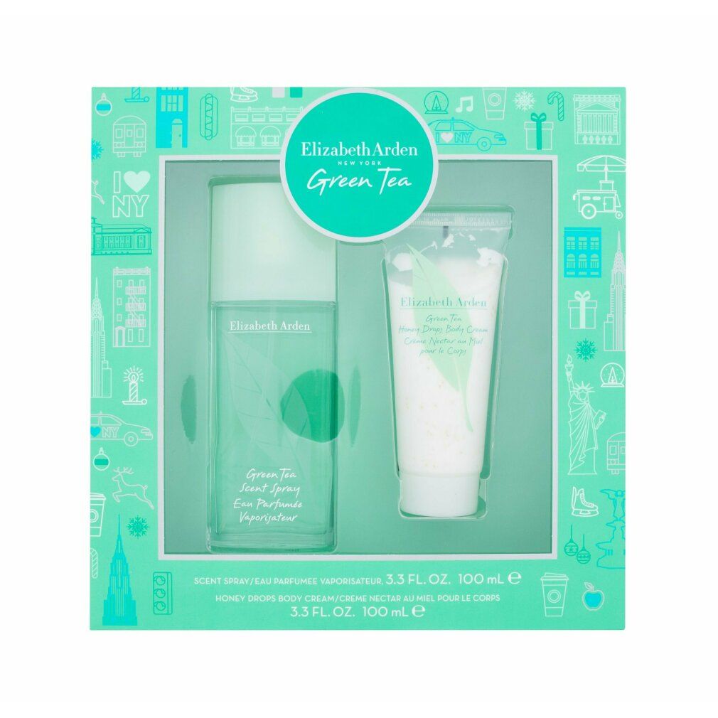 Set regalo Elizabeth Arden Green Tea. Include spray e crema. Confezione turchese con logo e motivo a foglia. 100 ml.