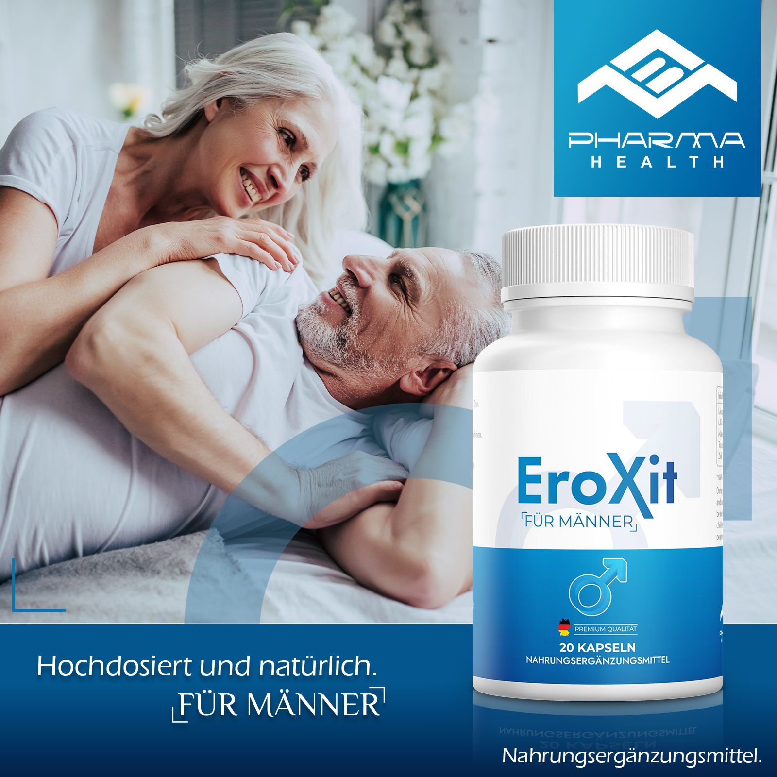 Un flacone di EroXit per uomini, 20 capsule, accanto a una coppia. Scritta: Altamente dosato e naturale. Logo Pharma Health.