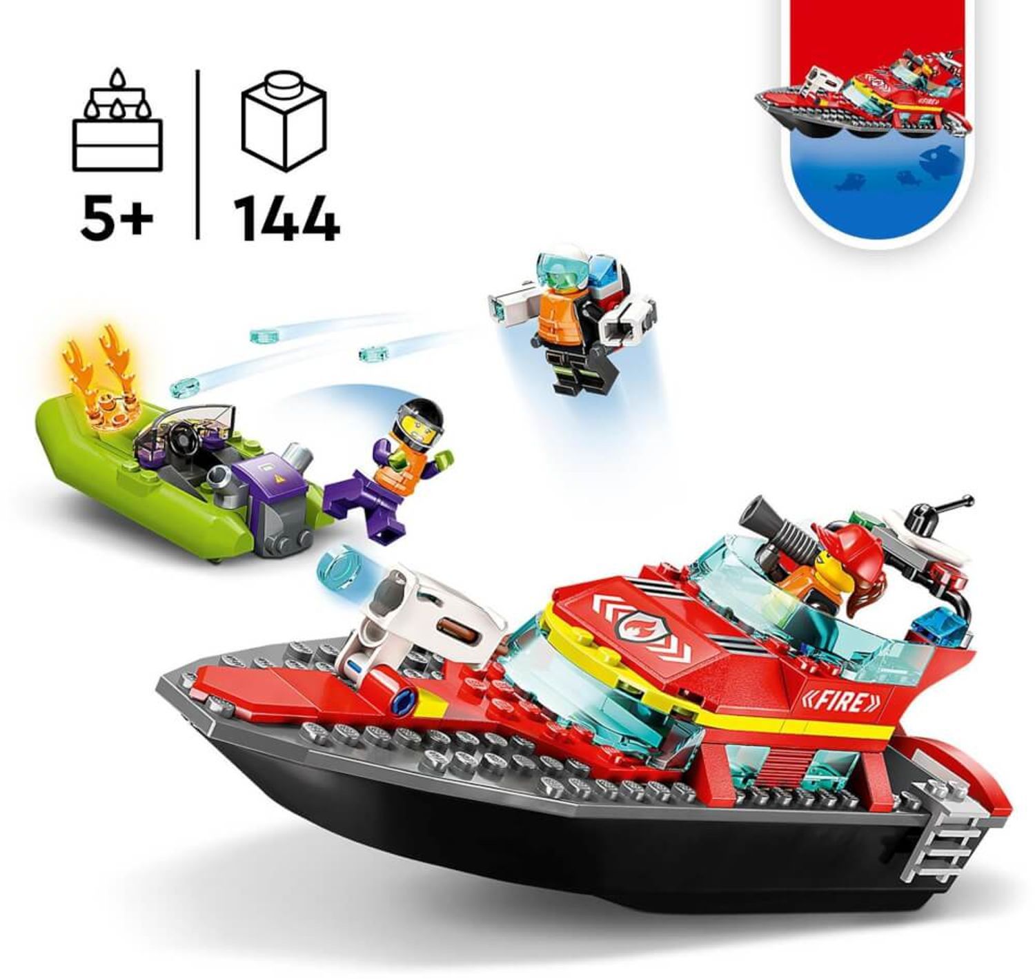 LEGO City Fire 60373. Barca dei pompieri, gommone e personaggi. Contiene 144 pezzi. 5+.