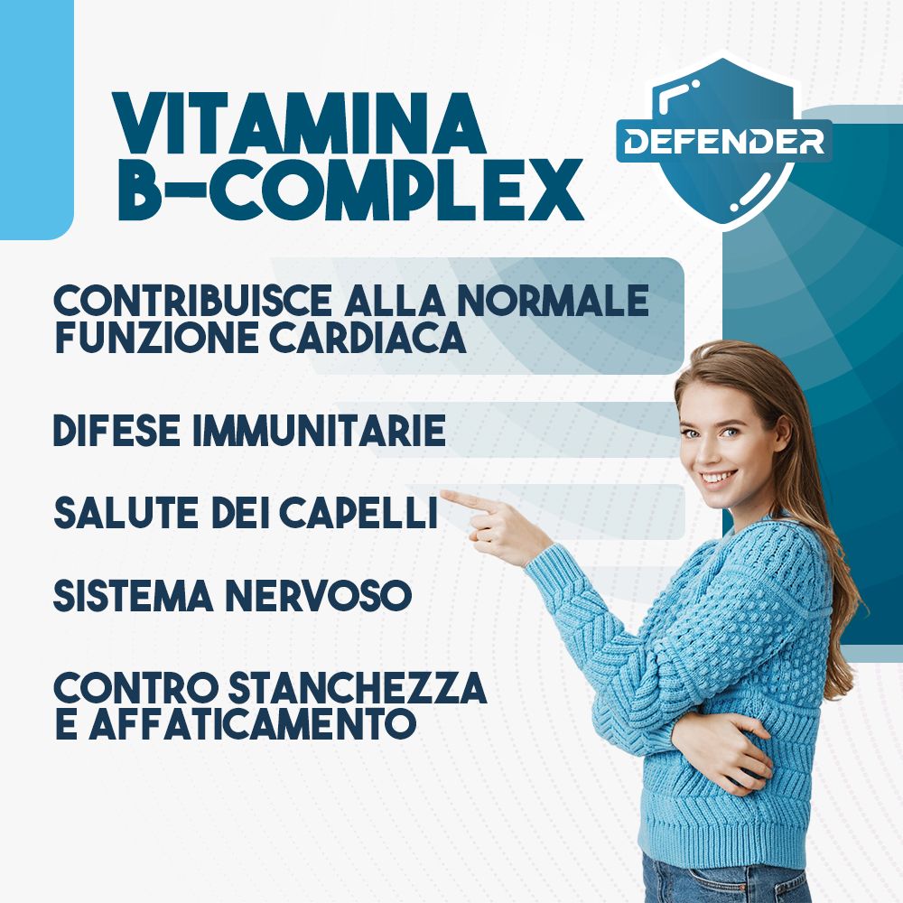 Donna indica testo. Vitamina B-Complex. Supporta la funzione cardiaca, il sistema immunitario, i capelli, il sistema nervoso.
