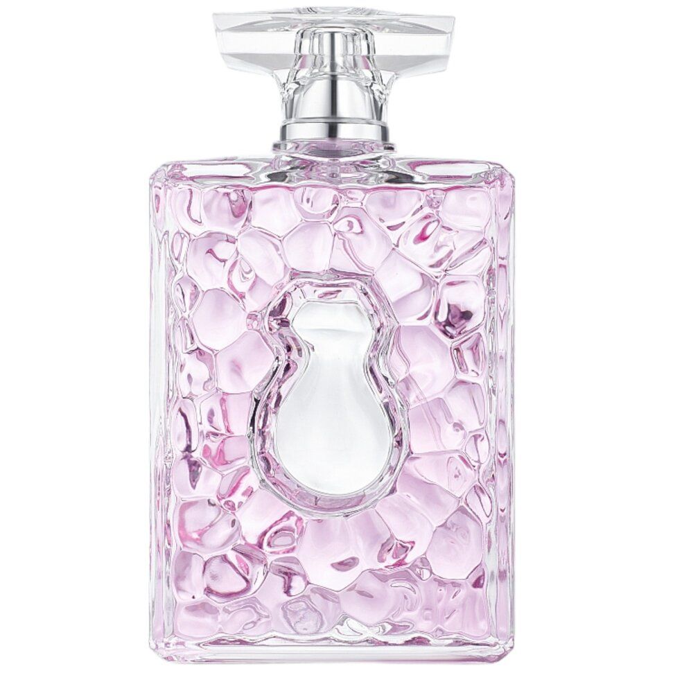 Flacone di profumo rosa con tappo trasparente. Forma unica con design bianco figurativo al centro.