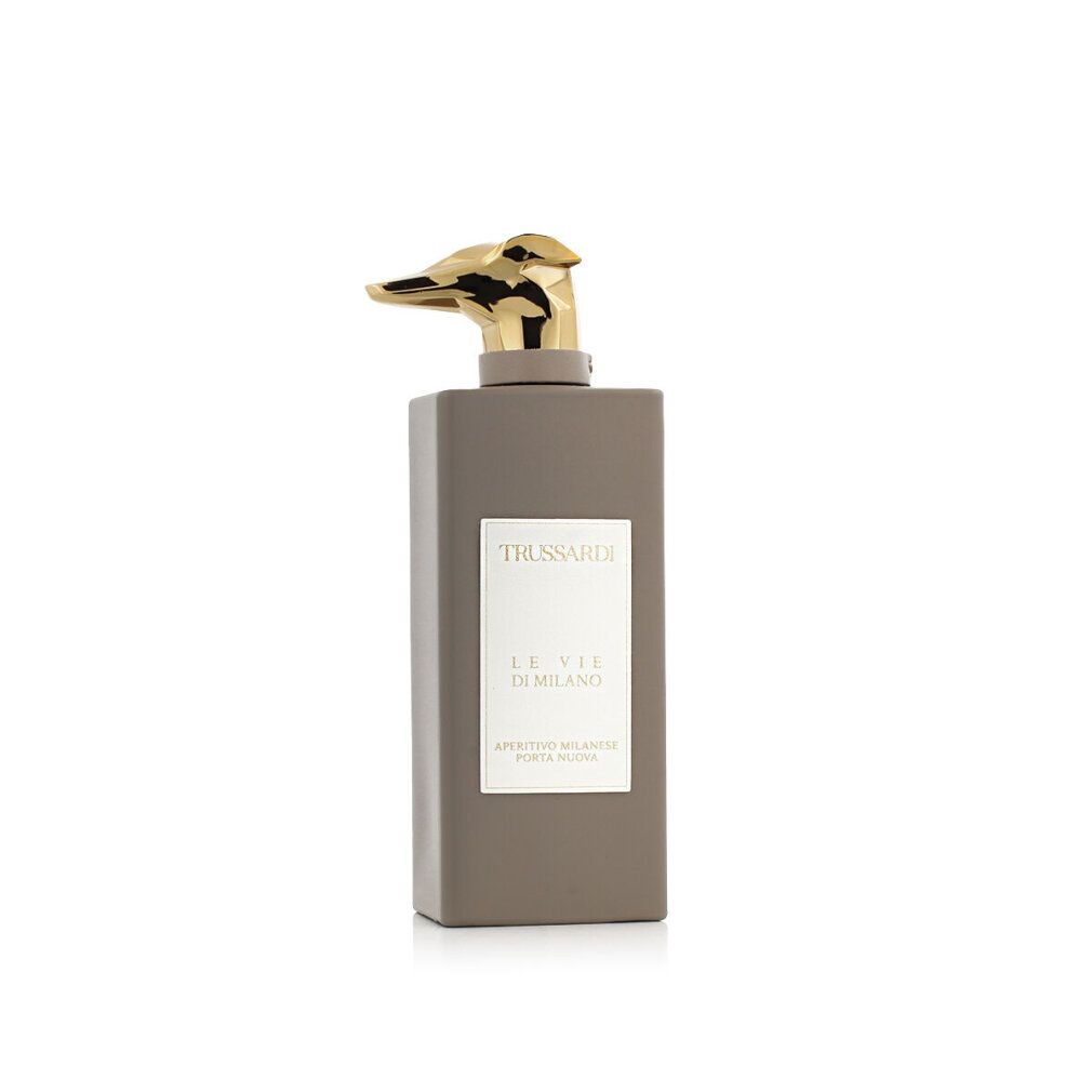 Flacone Trussardi Le Vie Di Milano Eau de Parfum con tappo dorato a forma di testa di animale, vista laterale.