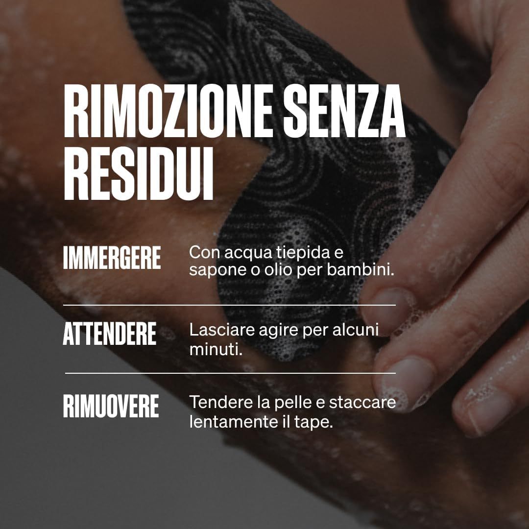 Rimozione di nastro kinesiologico con acqua saponata tiepida. Immergere, attendere, rimuovere lentamente.