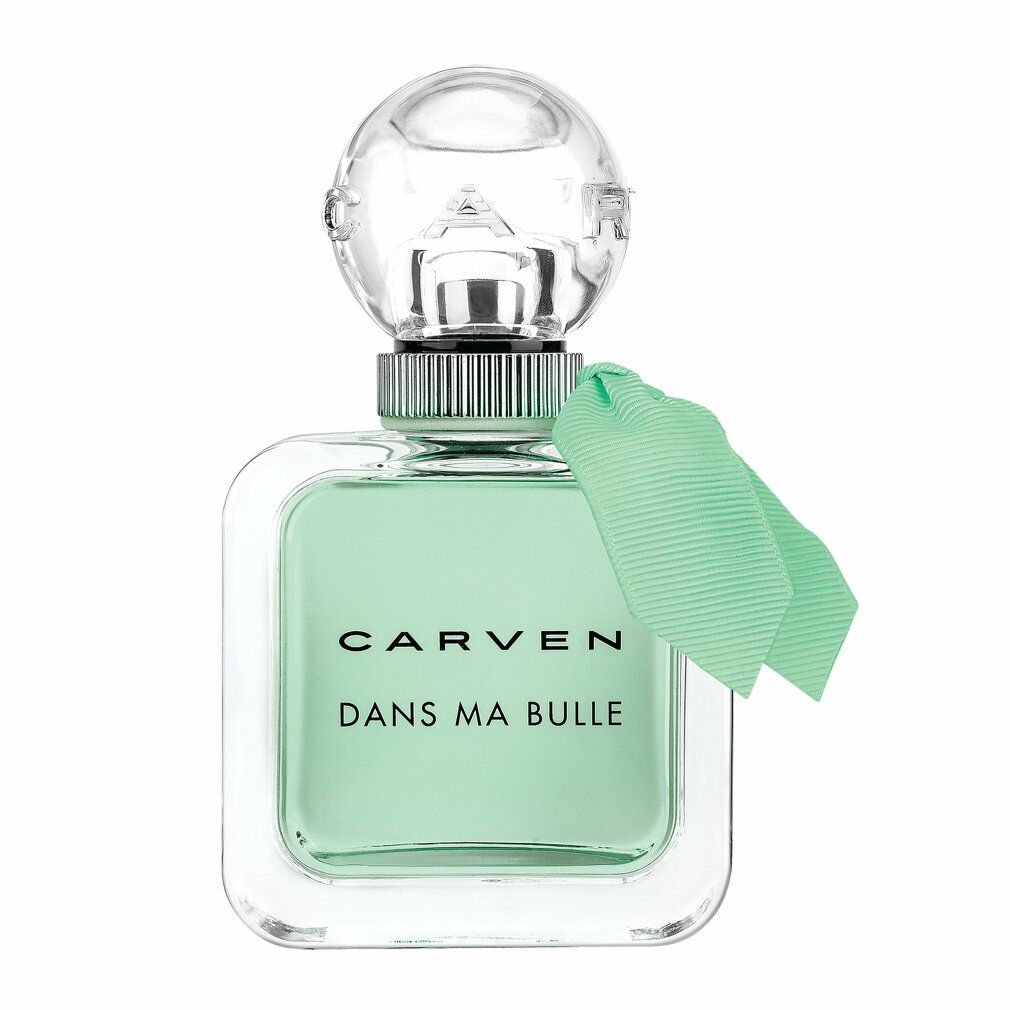 Flacone quadrato in vetro con liquido verdognolo. Scritta: CARVEN DANS MA BULLE. Tappo trasparente. Nastro verde.