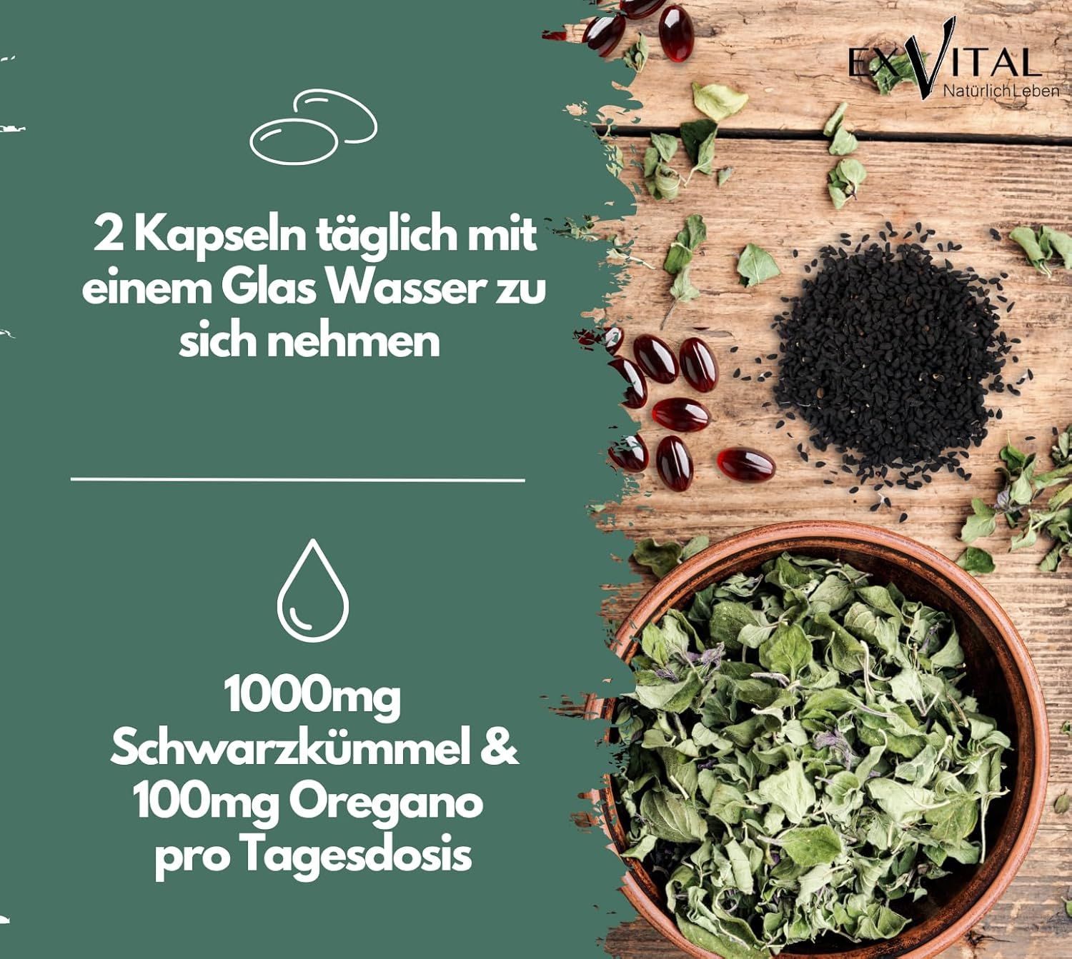 Capsule e ingredienti su legno. Testo: 2 capsule al giorno con acqua. 1000mg cumino nero e 100mg origano per dose giornaliera.