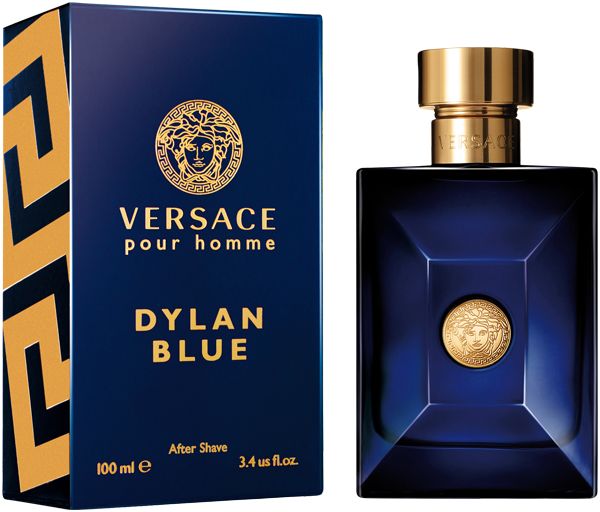 Flacone e scatola dopobarba blu. Tappo dorato e logo Medusa. Testo: VERSACE POUR HOMME DYLAN BLUE After Shave.