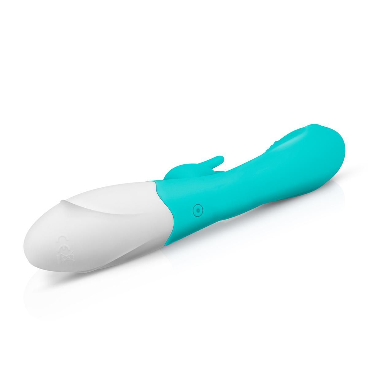 Prodotto benessere turchese e bianco. Forma: curva, con due estremità. Su sfondo bianco.