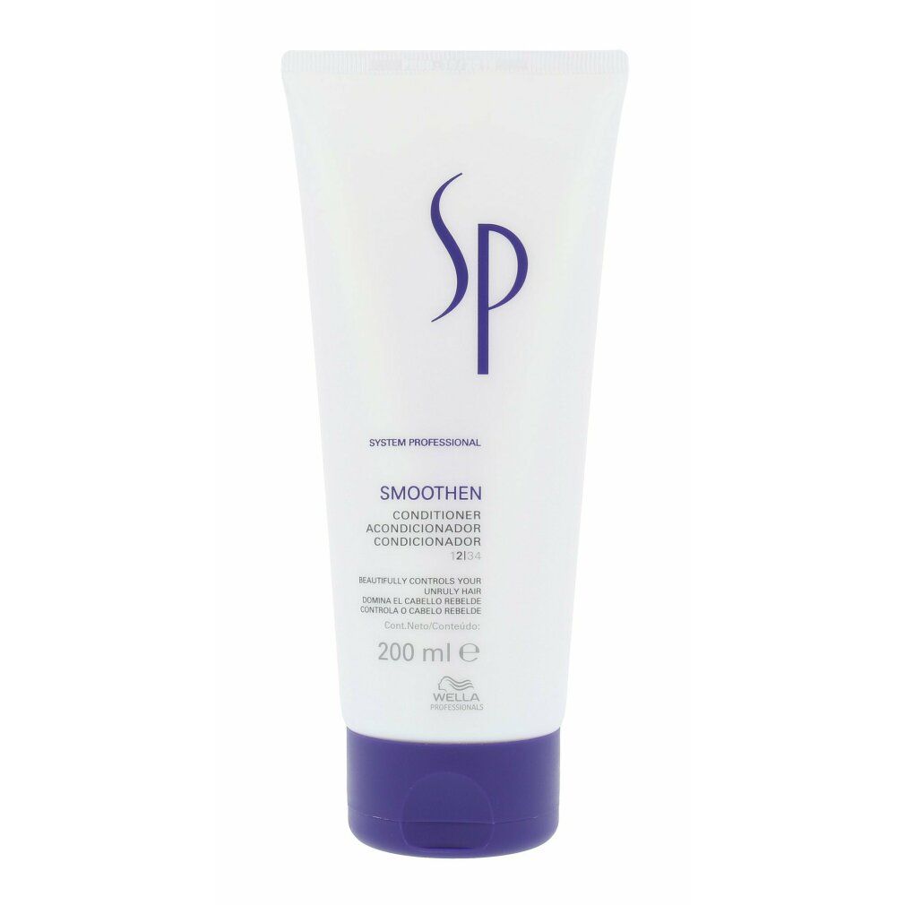 Tubo bianco con tappo viola. Scritta SP, sotto 'Smoothen Conditioner'. Marchio Wella. Volume: 200 ml.